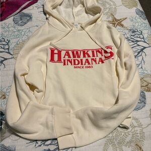 Cream Hoodie with Red Hawkins Indiana Print